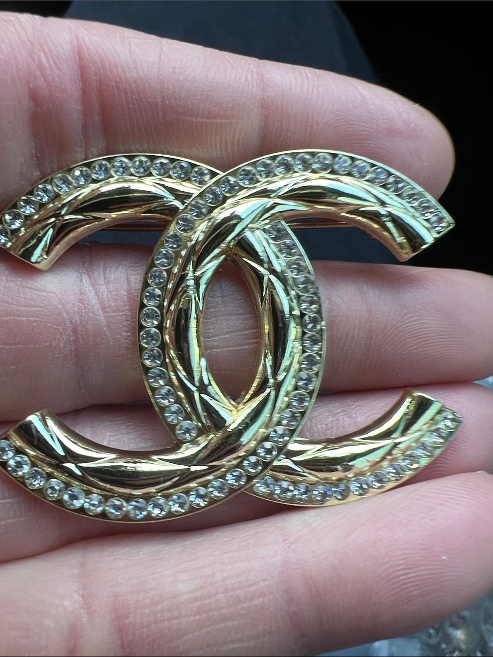 CHANEL Gold-Tone Crystal Double C Brooch